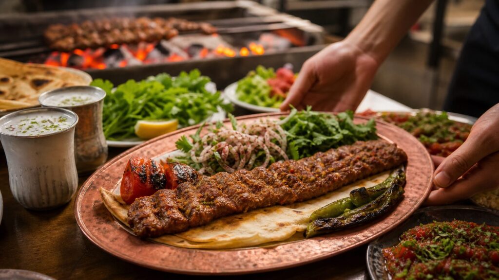Adana'da kebap sofrası, lavaş, salata ve köz biberlerle restoran servisi