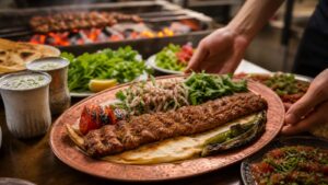 Adana'da kebap sofrası, lavaş, salata ve köz biberlerle restoran servisi