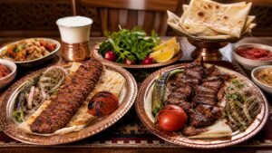 Adana kebap ve kaburga kebabı sofrası, bakır tabaklarda geleneksel sunum