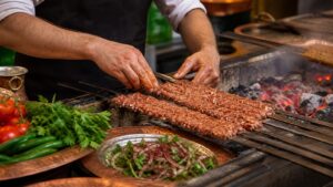 Kebap ustasının zırh kıymayı şişe çektiği geleneksel Adana kebap hazırlığı
